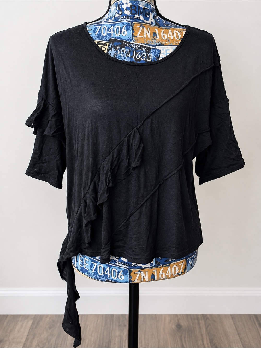 Women's Black Ruffle-Trim Asymmetrical Blouse